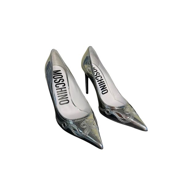Moschino NIB Question Stitching 100mm Pumps in Silver Size 38.5 - Picture 7 of 9
